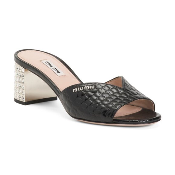 MIU MIU Made In Italy Leather St Cocco 2 Rhinestone Heel Sandals